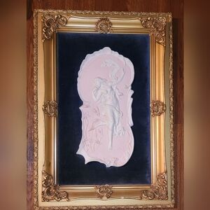 VINTAGE PORCELAIN PLAQUE VENUS ANGEL 14X20 " BEAUTIFUL WOODEN FRAMED